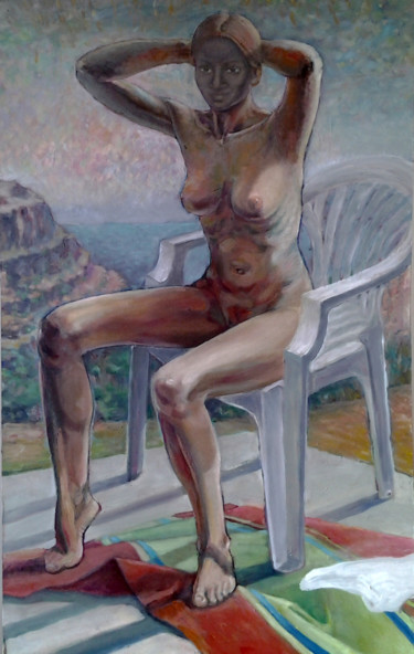 Peinture intitulée "femme sur terrasse" par Darius Laumenis, Œuvre d'art originale