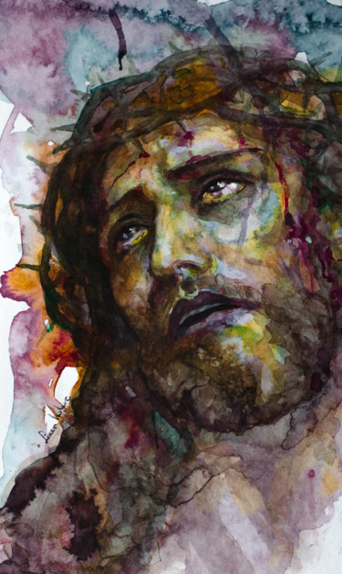 Painting titled "The Suffering God" by Laur Iduc, Original Artwork, Watercolor