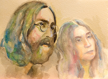 Painting titled "Lennon and Yoko" by Laur Iduc, Original Artwork, Watercolor