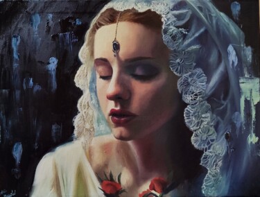 Painting titled "L'ancella" by Laura Muolo, Original Artwork, Oil Mounted on Wood Stretcher frame