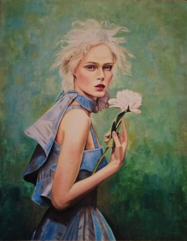 Painting titled "WHITE PEONY" by Laura Segatori, Original Artwork, Oil Mounted on Wood Stretcher frame