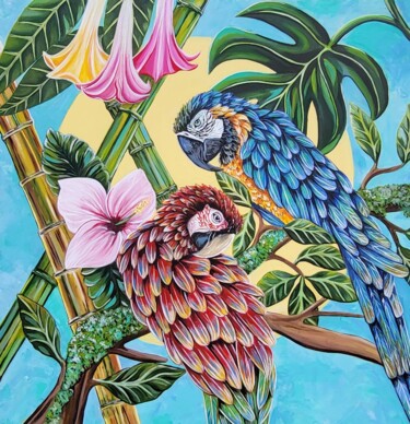 Pintura intitulada "Les perroquets" por Laura Tanopoulos, Obras de arte originais, Acrílico Montado em Armação em madeira