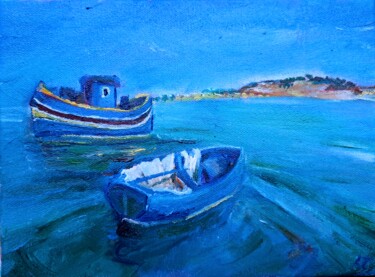 Malerei mit dem Titel "Fishing village" von Laura Tuča, Original-Kunstwerk, Öl