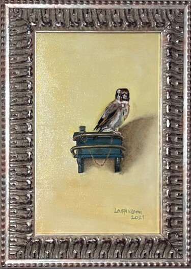 Painting titled "Il cardellino" by Laura Vila Leoni, Original Artwork, Oil Mounted on Wood Stretcher frame