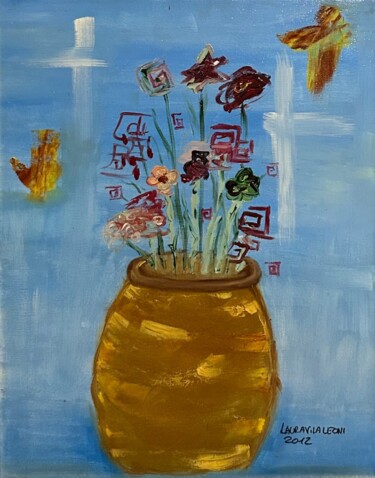 Painting titled "Uccelli e fiori" by Laura Vila Leoni, Original Artwork, Oil Mounted on Wood Stretcher frame