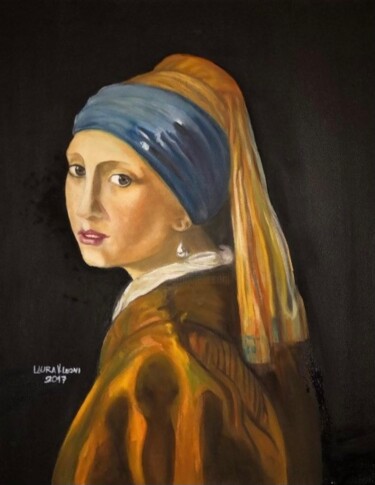 Painting titled "Girl with a Pearl E…" by Laura Vila Leoni, Original Artwork, Oil Mounted on Wood Stretcher frame