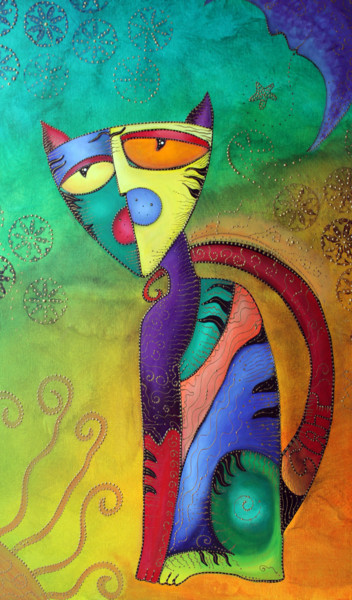 Painting titled "Celestial Cat" by Laura Barbosa, Original Artwork, Acrylic