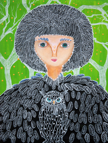 Painting titled "Mrs. Owl" by Laura Barbosa, Original Artwork, Acrylic