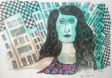 Рисунок под названием "Mujer en la ciudad" - Laura Capurro, Подлинное произведение искусства, Чернила