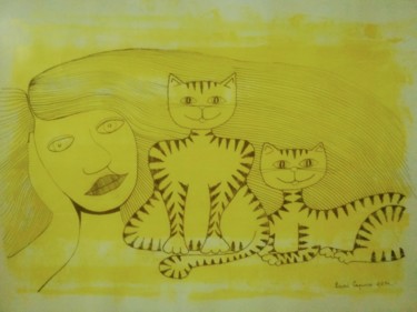 Zeichnungen mit dem Titel "Mujer y gatos" von Laura Capurro, Original-Kunstwerk, Tinte