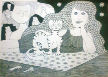 Disegno intitolato "El gato  /  the cat…" da Laura Capurro, Opera d'arte originale, Altro
