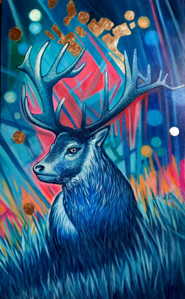 Painting titled "totem deer" by Lauragreenart, Original Artwork, Acrylic Mounted on Wood Stretcher frame
