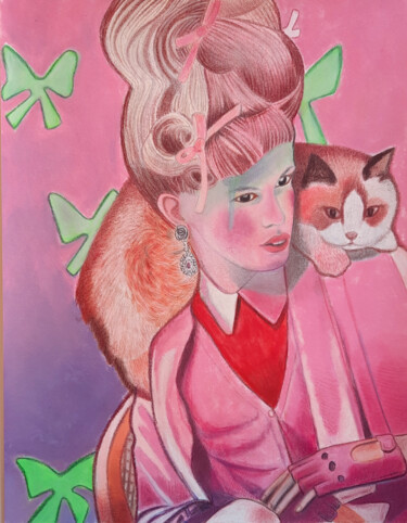 Desenho intitulada "Do you trust pink?" por Lauragreenart, Obras de arte originais, Pastel