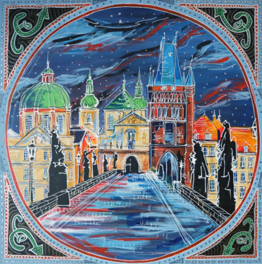 Painting titled "Charles Bridge" by Laura Hol, Original Artwork, Acrylic Mounted on Wood Stretcher frame