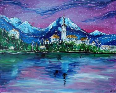Painting titled "Lake Bled" by Laura Hol, Original Artwork, Acrylic Mounted on Wood Stretcher frame