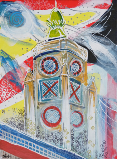 Painting titled "OXO Tower II" by Laura Hol, Original Artwork, Acrylic Mounted on Wood Stretcher frame