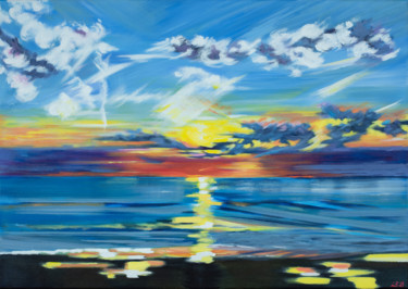 Painting titled "North Sea Sunset" by Laura K Smith Paintings, Original Artwork, Acrylic Mounted on Wood Stretcher frame