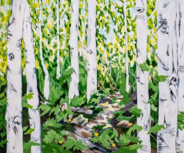 Painting titled "Sunny Birches" by Laura K Smith Paintings, Original Artwork, Acrylic Mounted on Wood Stretcher frame