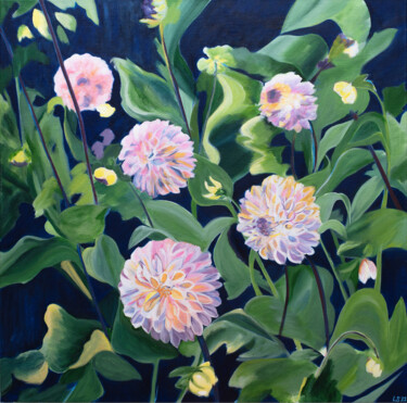 Painting titled "Dancing Dahlias" by Laura K Smith Paintings, Original Artwork, Acrylic Mounted on Wood Stretcher frame