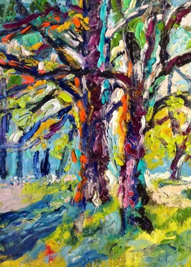 Pittura intitolato "Due alberi nella lu…" da Laura Tedeschi Pittrice, Opera d'arte originale, Olio