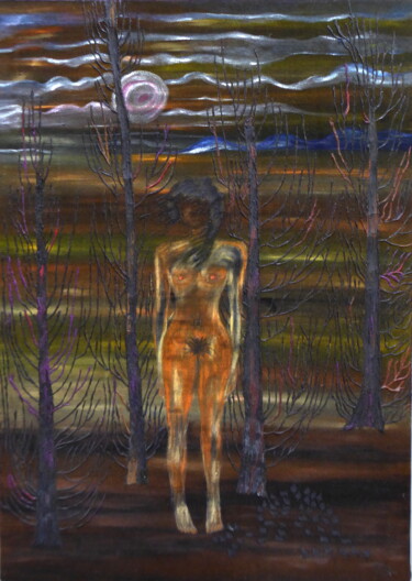 Peinture intitulée "Femme à la lune" par Laure Barlet, Œuvre d'art originale, Huile