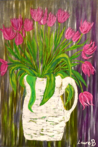 Painting titled "Le pot aux tulipes" by Laure Barlet, Original Artwork, Oil