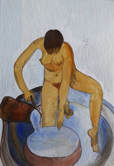 Malerei mit dem Titel "Avant le bain" von Laure Barlet, Original-Kunstwerk, Aquarell