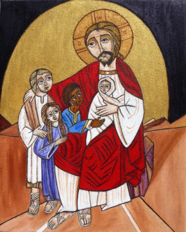 Peinture intitulée "Jésus bénit les enf…" par Laure Barlet, Œuvre d'art originale, Huile