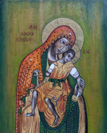 Painting titled "Marie et Jésus" by Laure Barlet, Original Artwork, Oil Mounted on Wood Stretcher frame