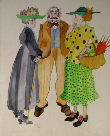 Ζωγραφική με τίτλο "Les trois voisins" από Laure Barlet, Αυθεντικά έργα τέχνης, Ακουαρέλα