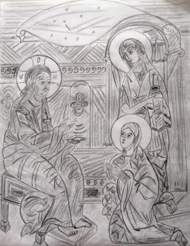 Drawing titled "Jésus, Marhe et Mar…" by Laure Barlet, Original Artwork, Pencil