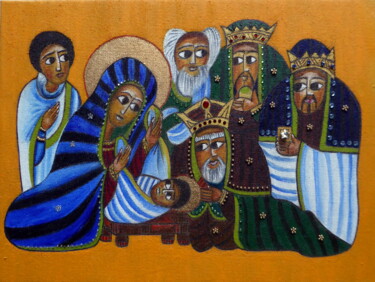Peinture intitulée "Nativité en Éthiopie" par Laure Barlet, Œuvre d'art originale, Huile