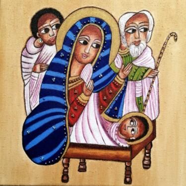 Schilderij getiteld "Nativité éthiopienne" door Laure Barlet, Origineel Kunstwerk, Olie Gemonteerd op Frame voor houten bran…