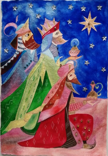 Pintura intitulada "Les Mages d'Orient" por Laure Barlet, Obras de arte originais, Aquarela