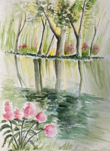 Painting titled "Les fleurs roses" by Laure Barontini, Original Artwork, Watercolor