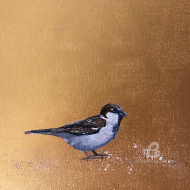 Painting titled "Garden Sparrow on G…" by Laure Bury, Original Artwork, Oil