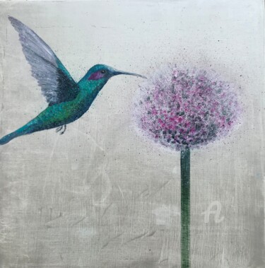 Painting titled "Hummingbird and All…" by Laure Bury, Original Artwork, Oil Mounted on Wood Stretcher frame