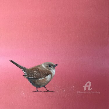 Painting titled "Little Wren ~ on Ro…" by Laure Bury, Original Artwork, Oil Mounted on Wood Stretcher frame
