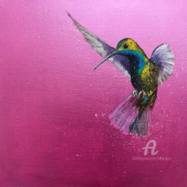 Painting titled "Green-Breasted Mang…" by Laure Bury, Original Artwork, Oil Mounted on Wood Stretcher frame