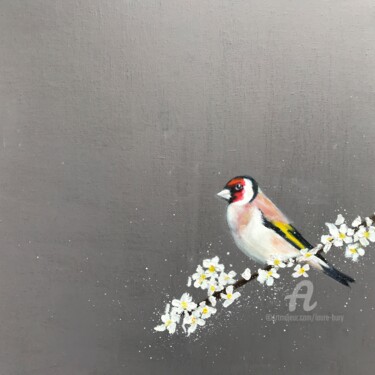 Painting titled "Goldfinch on Cherry…" by Laure Bury, Original Artwork, Oil Mounted on Wood Stretcher frame