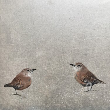 Painting titled "Two Little Wrens ~…" by Laure Bury, Original Artwork, Oil Mounted on Wood Stretcher frame