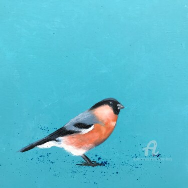 Painting titled "Bullfinch ~ on Duck…" by Laure Bury, Original Artwork, Oil Mounted on Wood Stretcher frame