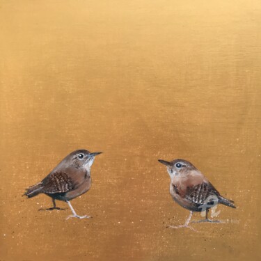 Painting titled "Two Little Wrens ~…" by Laure Bury, Original Artwork, Oil Mounted on Wood Stretcher frame