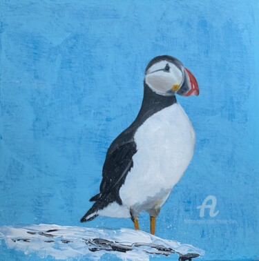 Painting titled "Puffin" by Laure Bury, Original Artwork, Oil Mounted on Wood Stretcher frame