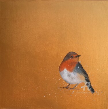 Painting titled "Red Robin ~ on gold" by Laure Bury, Original Artwork, Oil Mounted on Wood Stretcher frame
