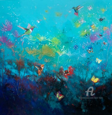 Painting titled "Hummingbirds And Bu…" by Laure Bury, Original Artwork, Oil Mounted on Wood Stretcher frame