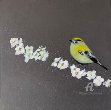 Painting titled "GoldCrest On Cherry…" by Laure Bury, Original Artwork, Oil Mounted on Wood Stretcher frame