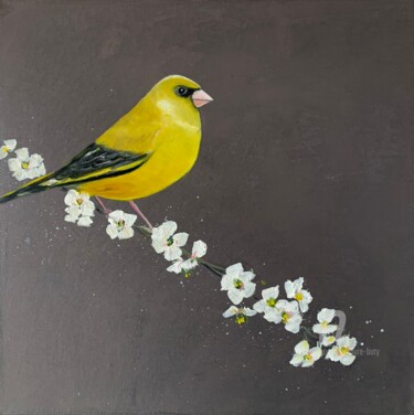 Painting titled "Greenfinch And Cher…" by Laure Bury, Original Artwork, Oil Mounted on Wood Stretcher frame