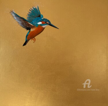 Painting titled "Kingfisher ~ On Gol…" by Laure Bury, Original Artwork, Oil Mounted on Wood Stretcher frame