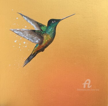 Pintura intitulada "Hummingbird on Gold" por Laure Bury, Obras de arte originais, Óleo Montado em Armação em madeira